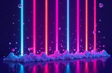 Abstract background, light vertical neon poles rise up, foam lies below surrounded by soap bubbles on a dark background