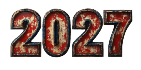 Bold "2027" numbers featuring a distressed red and metallic texture, isolated on a white background, ideal for vintage or industrial-themed designs.
