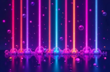 Abstract background, light vertical neon poles rise up, foam lies below surrounded by soap bubbles on a dark background