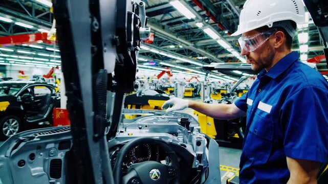 Engineer worker in automotive factory car manufacturing process, assembly line production