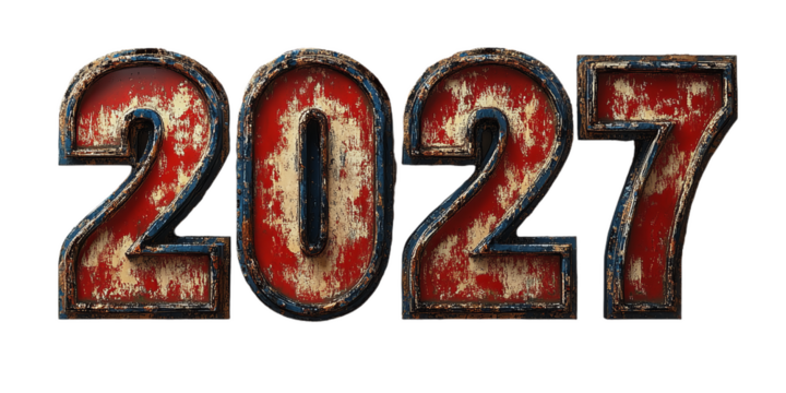 Bold "2027" numbers featuring a distressed red and metallic texture, isolated on a white background, ideal for vintage or industrial-themed designs.
