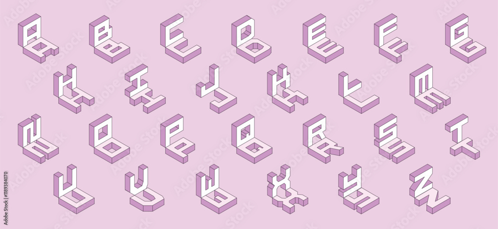Poster isometric 3d effect letters alphabet. isometric font at different angles. isometric 3d font, three-d