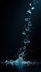 Fototapeta premium Broken glass scattered on a dark background with splinters, darkness, shattered fragments