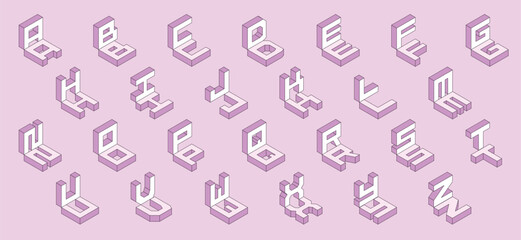 Isometric 3d effect letters alphabet. Isometric font at different angles. Isometric 3d font, three-dimensional alphabet letters with shadows, vector illustration.