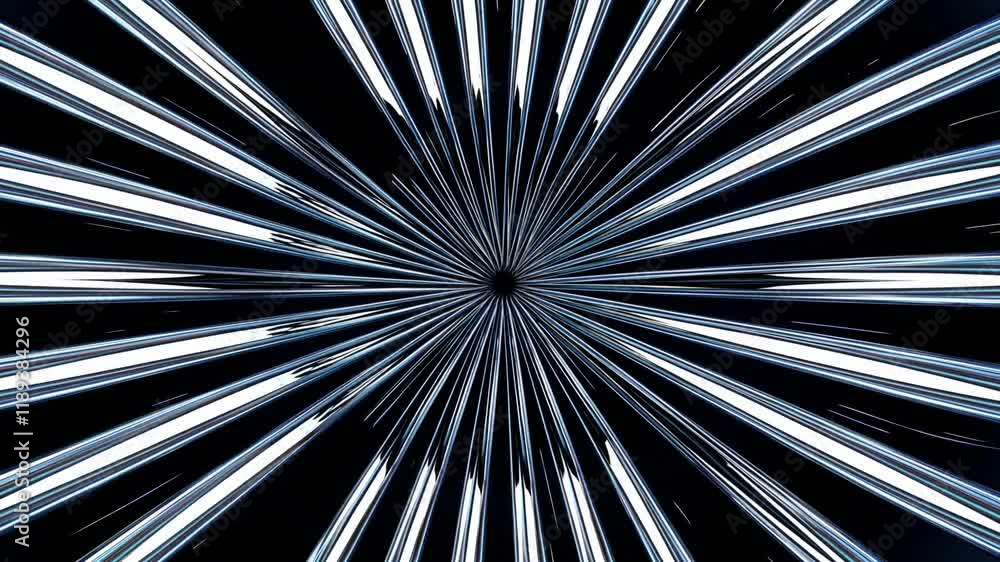 Poster abstract design featuring metallic lines radiating outward, creating a sense of depth and motion aga