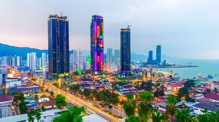 Fototapeta premium Coastal city skyline at dusk, buildings illuminated, traffic on highway, mountains in background; ideal for travel brochures