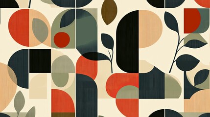 Abstract Geometric Artwork: Red, Beige, and Green Shapes with Subtle Textures