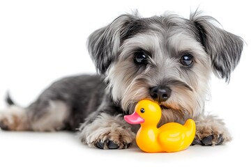 Dandie Dinmont Terrier Playing with a Toy Duck