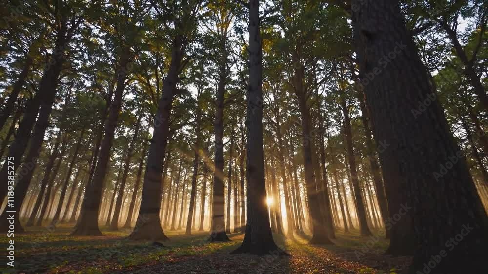 Poster a serene forest scene with tall trees bathed in soft golden light, creating an enchanting atmosphere