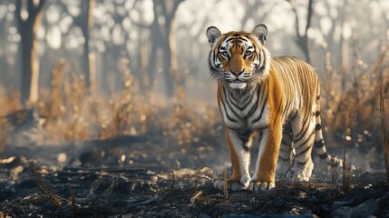 Fototapeta premium A tiger pausing at the edge of a burnt clearing, its alert posture reflecting the danger of its changed habitat.