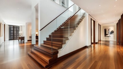 Fototapeta premium A modern staircase with sleek wooden steps and glass railings
