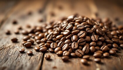 Roasted Coffee Beans on Rustic Wood Background - Aromatic Coffee Texture