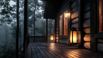 Fototapeta premium A moody rustic cabin porch with soft flickering lanterns at night