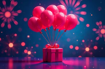 Red balls are attached to a red gift and raise it up against the background of multi-colored lights and fireworks. The concept of a holiday, congratulations, gift