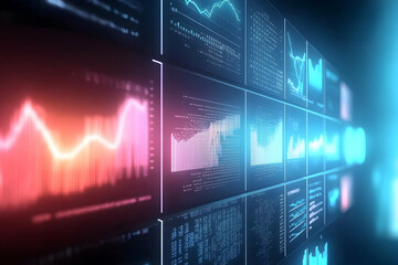 Data analysis visualization on digital screens, showing financial market trends and code.  Used for business, technology, and finance presentations