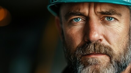 Obraz premium Miner in hard hat with intense gaze showcasing diligence and strength