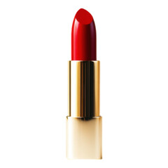 Obraz premium Elegant red lipstick with a luxurious gold base, prominently displayed against a clean white backdrop, showcasing timeless beauty and sophistication
