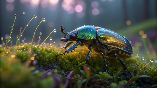 A surreal close-up of a stag beetle with iridescent, metallic hues reflecting shades of blue, green, and gold - Powered by Adobe