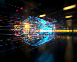 Fototapeta premium Data capsule speeding through digital tunnel; futuristic technology; abstract background; suitable for tech, medicine, or science websites