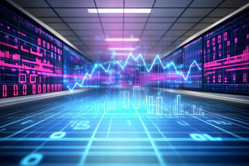 Obraz premium Data center corridor displays rising stock market graphs, future technology background, for financial news or tech reports