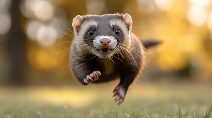 Ferret joyfully running across a grassy field during sunset in a serene natural setting