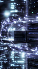 Naklejka premium Data center server room, fast network connections, digital information transfer, glowing light trails, background blurred code. Use Technology websites, articles