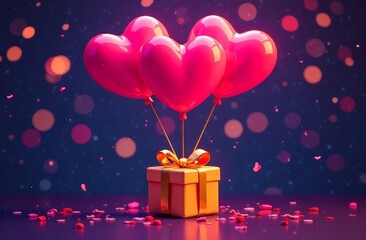 In the center of the picture, red heart-shaped balloons are attached to a gift in a yellow package with a red ribbon on a dark background with bright bokeh and petals on the table. The concept of Vale