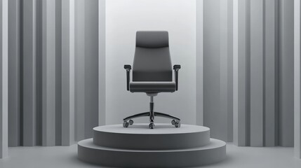 A solitary office chair on a pedestal in a minimalistic, gray environment.
