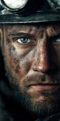 Close-up of a miner's face, showcasing mud and grime from hard work