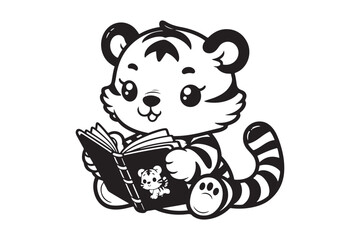 Cute Baby tiger Reading Book Cartoon outline 