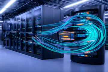 Data center server room with network cables, glowing data stream, technological background.  Use technology, networking, data storage
