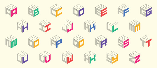 Naklejka premium Isometric colorful alphabet. Cube font. Isometric 3d font, three-dimensional alphabet letters, vector illustration.