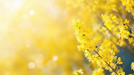 Obraz premium Golden Shower Blossoms: Vibrant yellow flowers in full bloom, bathed in sunlight, creating a cheerful and optimistic springtime scene. The bokeh effect adds a dreamy, ethereal quality.