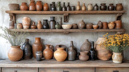 Display of traditional pottery arranged on rustic shelves with dried flowers