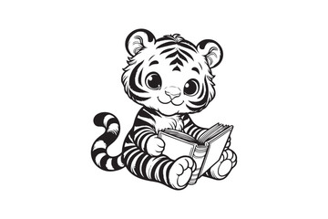 Cute Baby tiger Reading Book Cartoon outline 