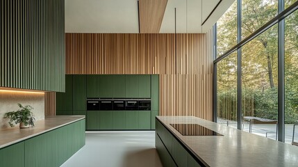 Modern Green Kitchen: Serene Minimalist Design with Wood Accents