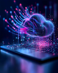 Data cloud computing on laptop, digital network connection, glowing fiber optic cables, dark background, technology concept for websites