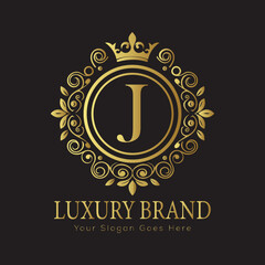 Letter Luxury brand logo design with a royal gold crown emblem and elegant typography

