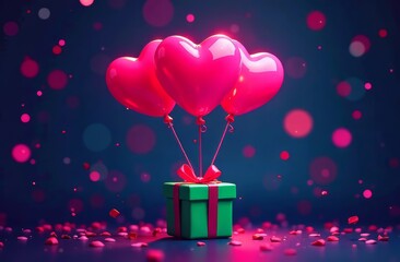In the center of the picture, red heart-shaped balloons are attached to a gift in a green package with a red ribbon on a dark background with bright bokeh and petals on the table. The concept of Vale