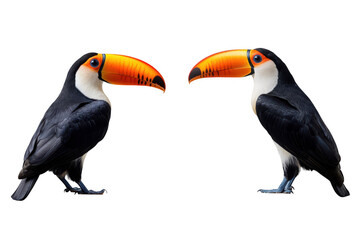 Naklejka premium Two colorful toucans facing each other on transparent background
