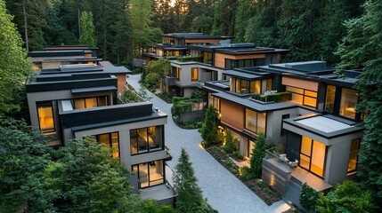 Modern homes nestled in a forested landscape at sunset.