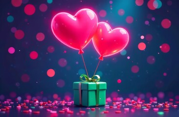 In the center, two red heart-shaped balls are attached to a gift in green wrapping on a dark background with bright bokeh and petals on the table. The concept of Valentine's Day, gift, love.