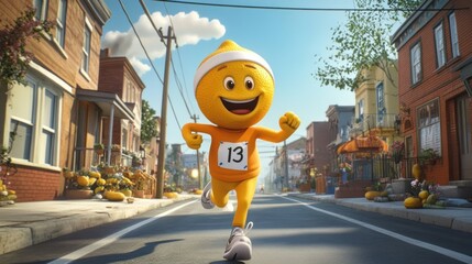 Cartoon lemon character running down a street.