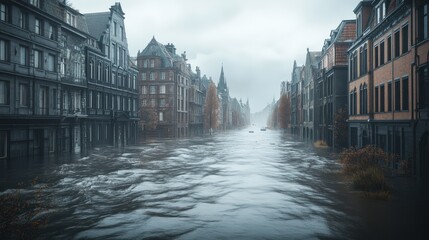 Fototapeta premium Water cascades through city streets, submerging buildings up to their lower windows. The flood creates a surreal atmosphere, highlighting the impact of severe weather on urban life