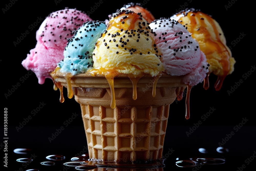 Poster a colorful ice cream cone with multiple scoops and syrup drizzles.