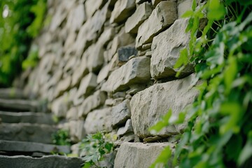 Stone steps beside ancient wall, plants growing