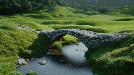 Naklejka premium A quaint stone bridge crossing a babbling brook in a green countryside