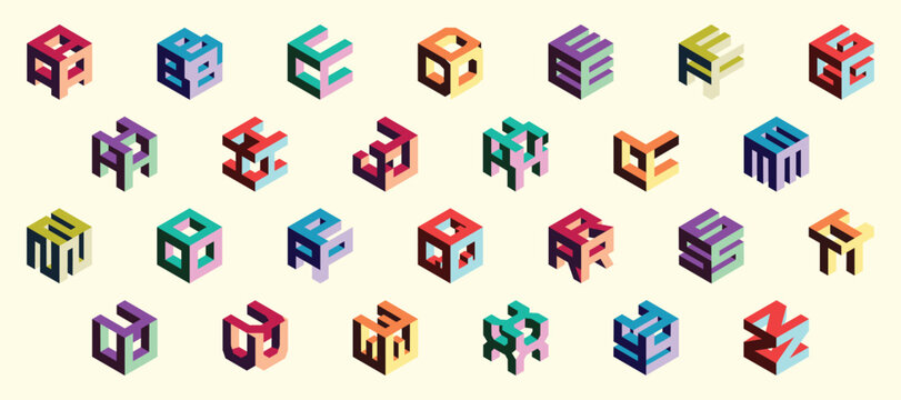 Isometric colorful alphabet. Cube font. Isometric 3d font, three-dimensional alphabet letters, vector illustration.