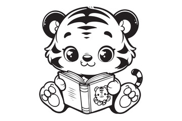 Cute Baby tiger Reading Book Cartoon outline 