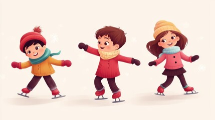 Cartoon style happy child doing ice skating.